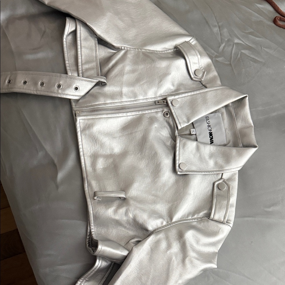 Fashion Nova Metallic Silver Leather Jacket